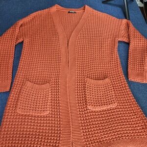 BTFBM Rust Orange Waffle Knit Open Front Cardigan Sweater Medium Oversized Boho